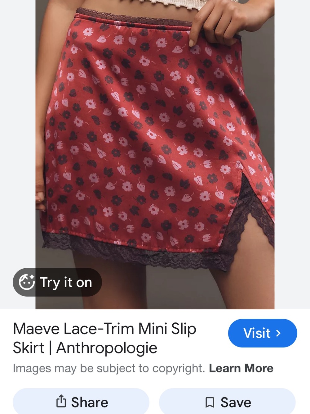 Maeve Red Floral Satin Mini Skirt with Plum Lace Trim